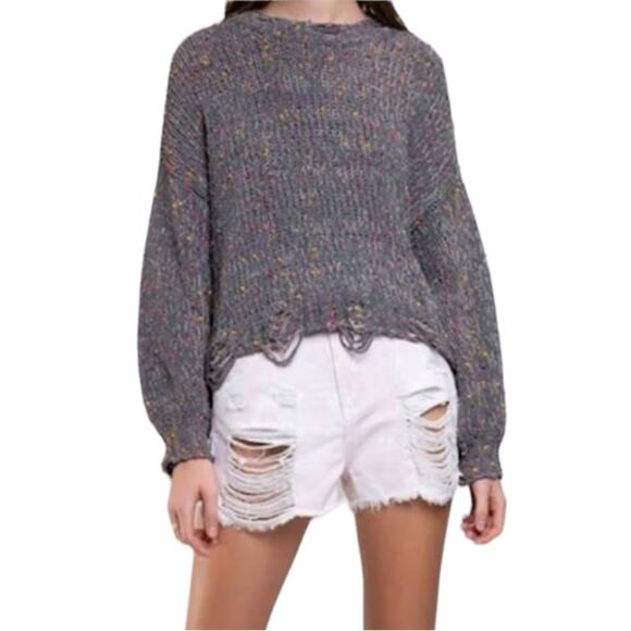 POL Sweaters - POL Distressed Sweater Small | Gray Ripped Sweater with Rainbow Confetti Detail